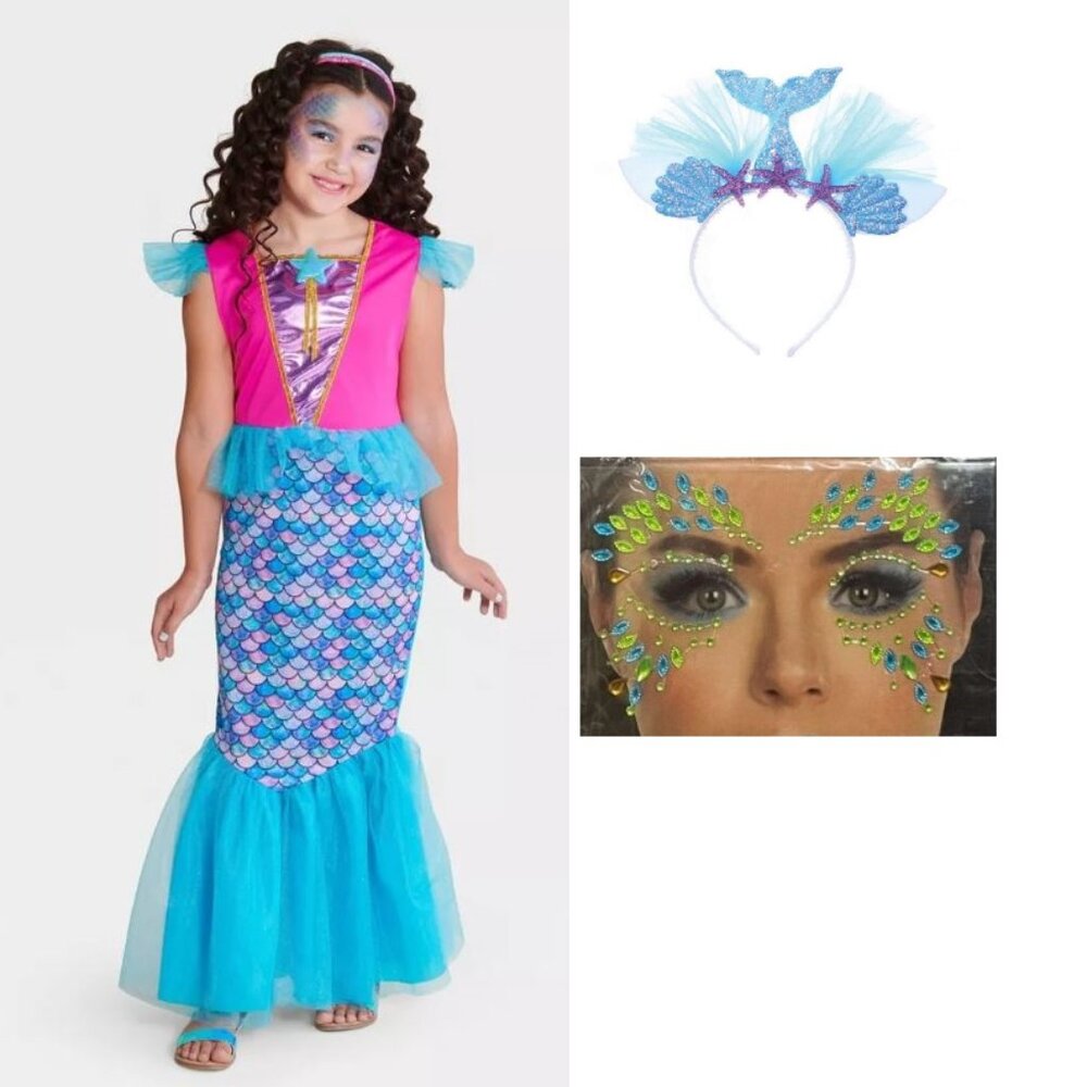 Mermaid Mystical Waters Halloween Costume 4/6 Dress, Headband, Face Gems Girls